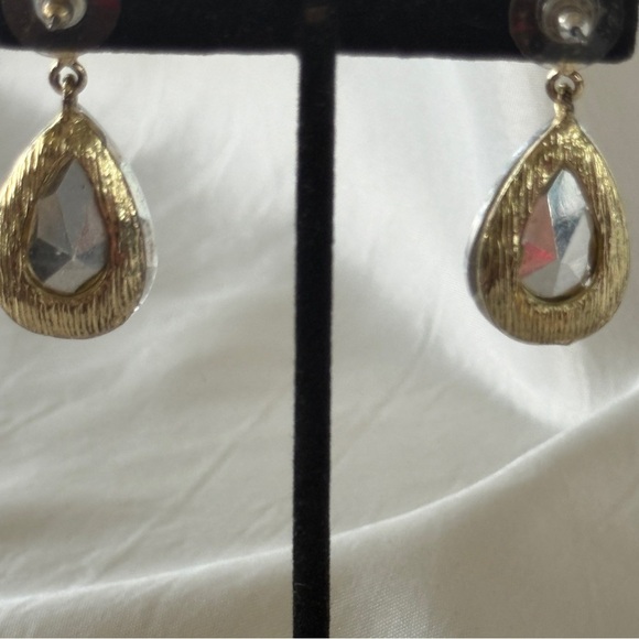Formal Large Stone Double Teardrop Earrings Designer Inspired Dangles Gold Post - Picture 6 of 10